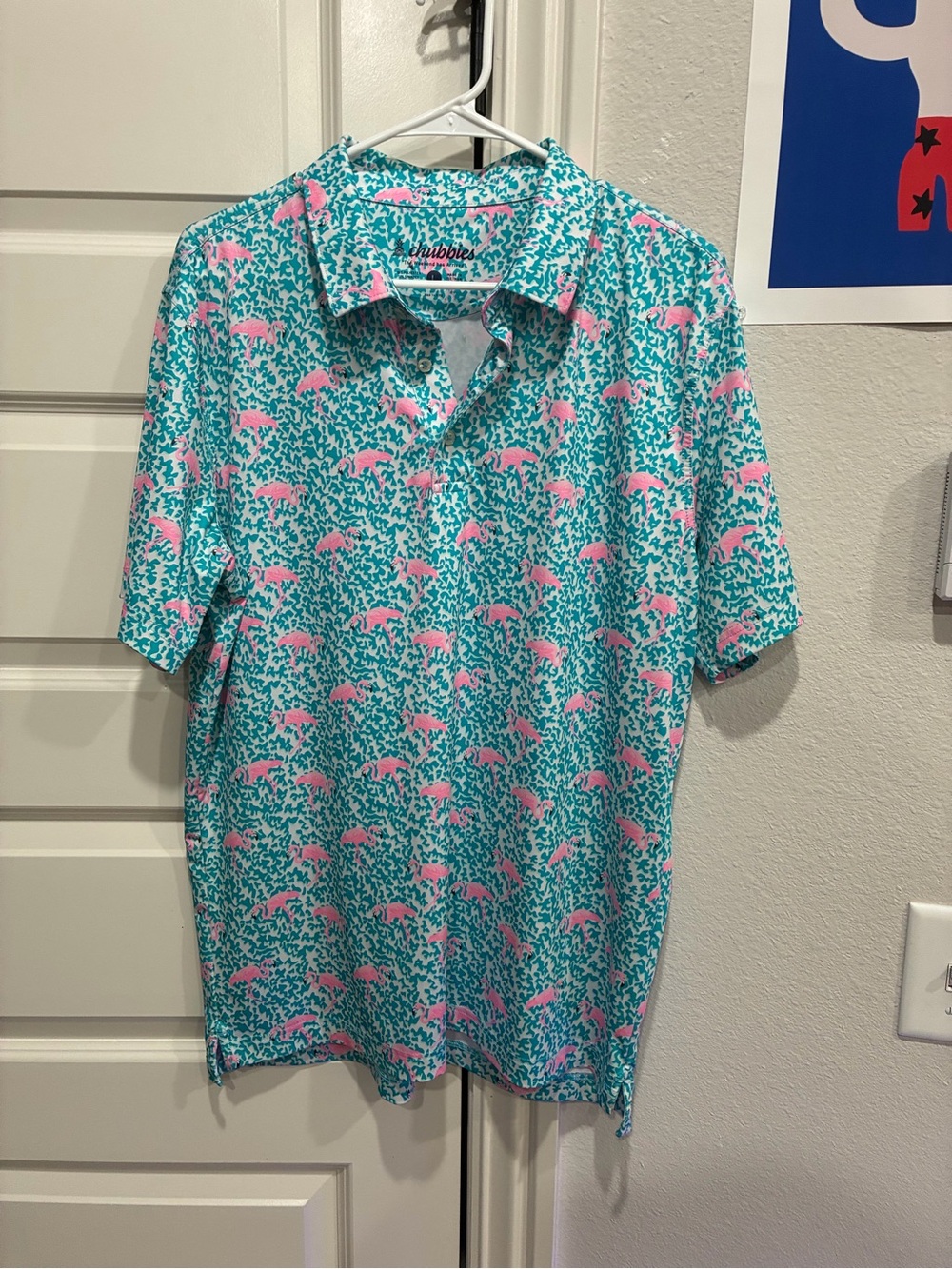 chubbies Teal Button-Down Shirt with Pink Flamingo Print